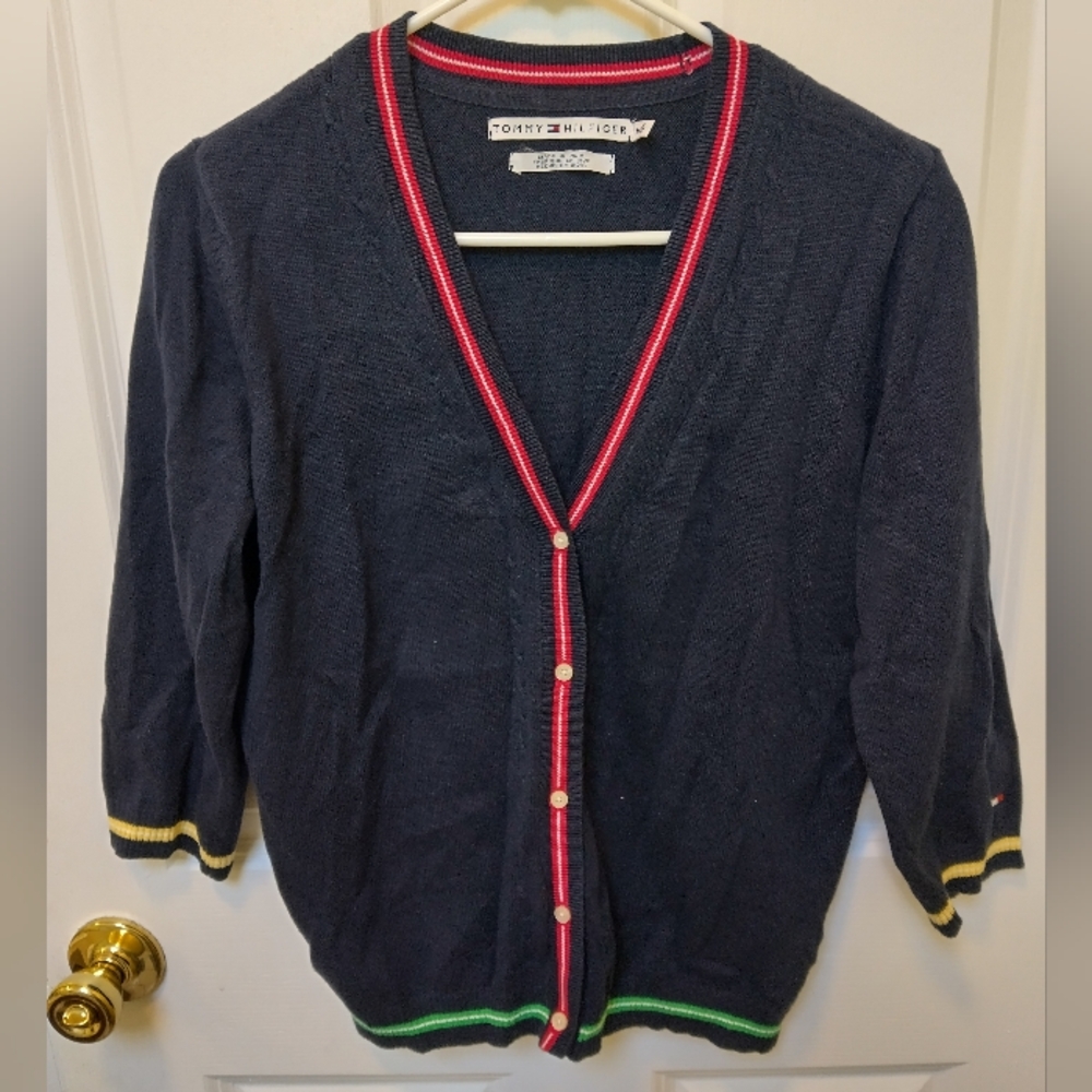 Tommy Hilfiger Navy Cardigan with Red and Green Accents